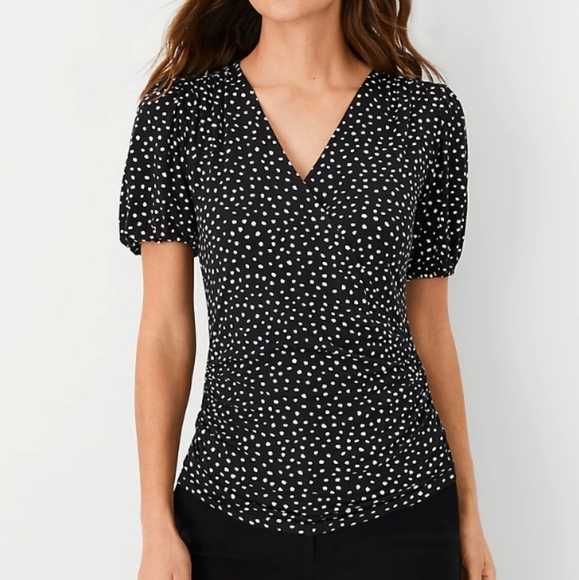 Ann Taylor Petites Genuine Wrap Blouse puffy cap sleeves grosgrain ribbon tie ♡ - Picture 4 of 10